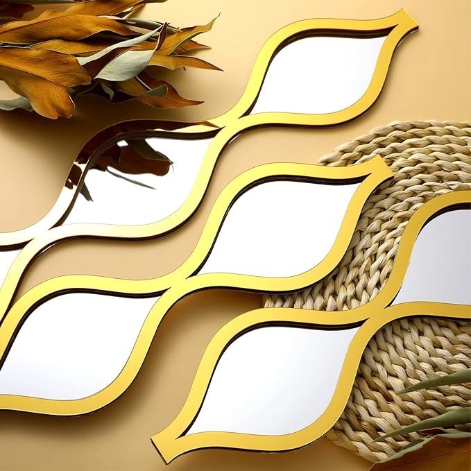 Yulejo 6 Pcs Acrylic Teardrop Mirror, Decorative Narrow Wall Decor Boho Vintage Wall Decals Art for Apartment Home Living Room Bathroom Bedroom Hallway (Gold Edge)