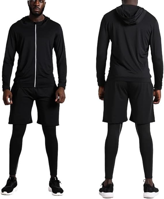 BUYJYA 5Pcs Men's Compression Pants Shirt Top Long Sleeve Jacket Athletic Sets Gym Clothing Mens Workout Valentine's Day gift