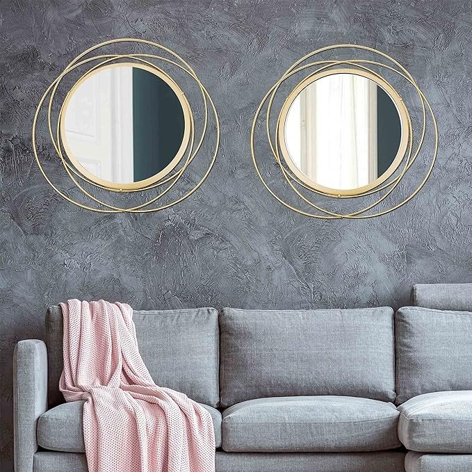 2 Set 15.7'' Gold Circle Mirrors Wall Decor Iron Frame Mirrors Art Round Home Hanging Mirrors for Living Room/Bedroom/Bathroom/Entryway (Medium Size 15.7 inch)