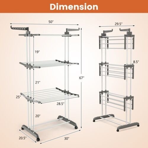 4 Tier Clothes Drying Rack Collapsible Shelves Laundry Hanger W/ Two Side Wings