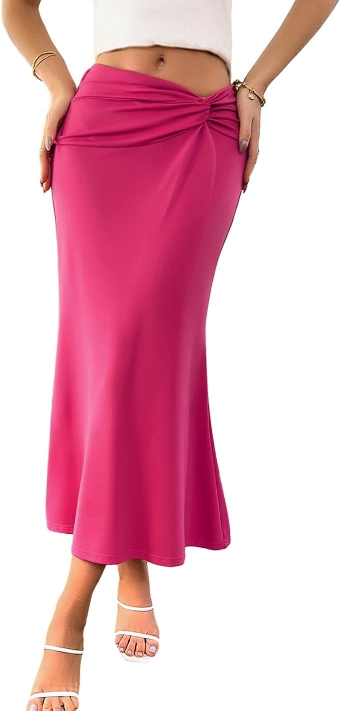 Kate Kasin Women's 2024 High Waist Pencil Skirts Side Knotted Stretch Fishtail Bodycon Maxi Long Skirt for Business Casual
