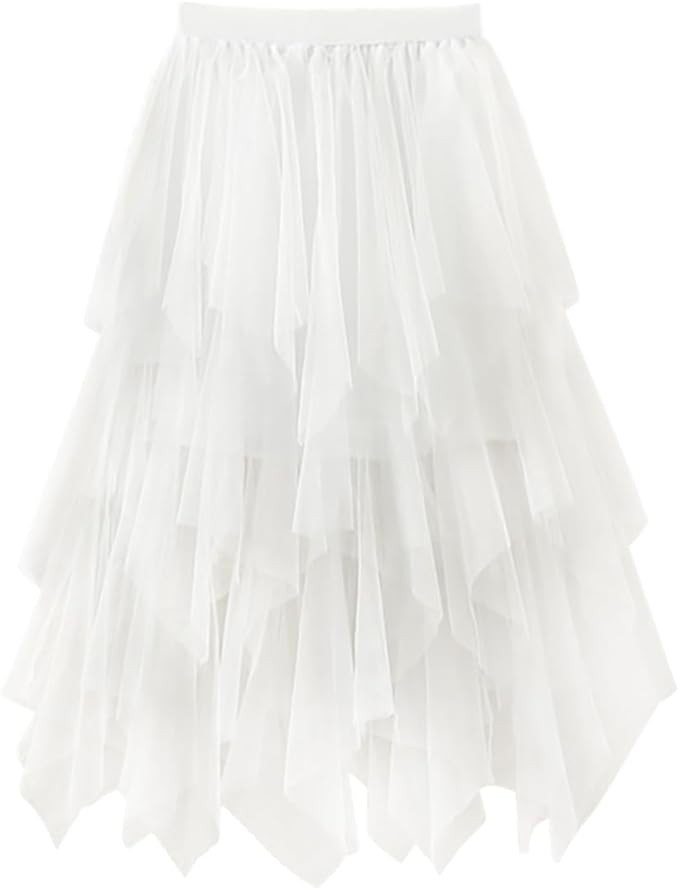 Reaowazo Tulle Skirts for Women Midi Long Fairy Skirt Tutu A-Line Mesh Layered High Elastic Waist Halloween Skirts