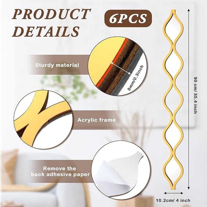 Yulejo 6 Pcs Acrylic Teardrop Mirror, Decorative Narrow Wall Decor Boho Vintage Wall Decals Art for Apartment Home Living Room Bathroom Bedroom Hallway (Gold Edge)